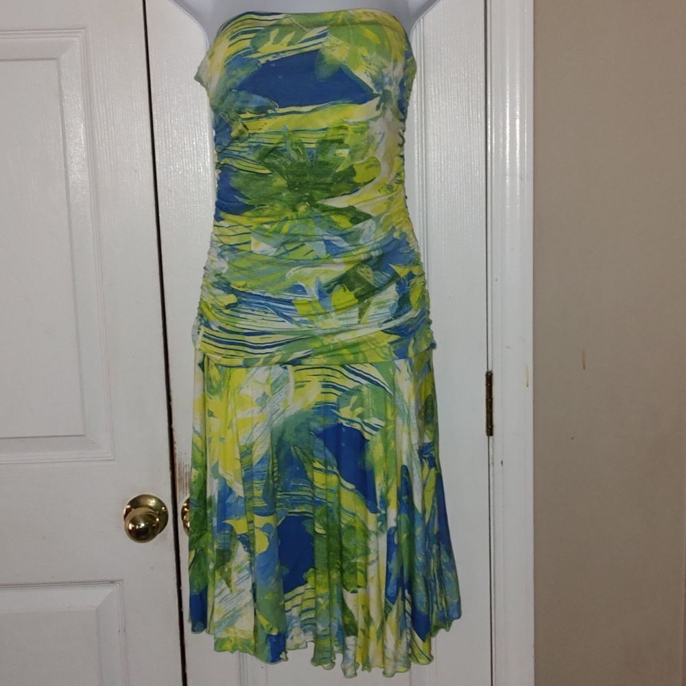 Vintage Joseph Ribkoff Strapless Bandeau Dress  Floral Ruched Green Blue Sz 4